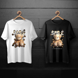 طرح لایه باز خرس تدی با ریسه چراغ و نوشته خنده برای چاپ روی انواع تیشرت